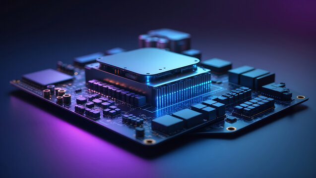 Futuristic digital circuit board with integrated components and illuminated technology details