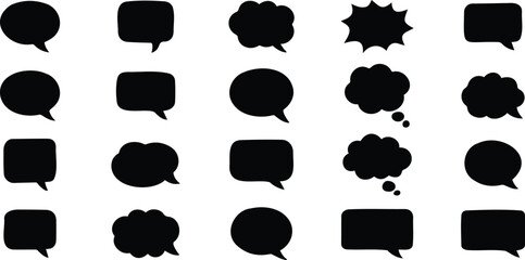 Minimal set of speech bubble silhouettes in black on white, ideal for communication, message icons, chat app UI and conversation graphics