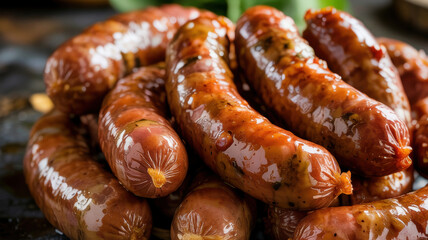Fototapeta premium Close-up of several sausages covered with sauce. They look fried and arranged in random order on a dark background.