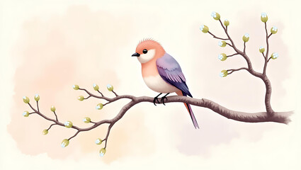 Whimsical watercolor bird illustration on a delicate branch, surrounded by a light pastel backdrop, perfect for a nature-inspired art piece