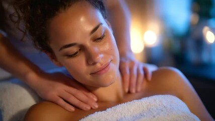 A gentle hand of a female osteopath massages the client’s neck and shoulders, her face half-hidden behind soft towels, showing deep relaxation in the softly lit spa room - Powered by Adobe