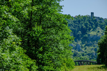Lush green forest with distant castle ruins and a railway bridge on a sunny day in the countryside