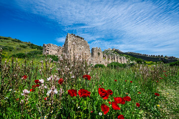 Stone ruins and fortress wall at Akrokorinthos