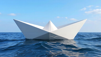 Obraz premium White paper boat floating on blue ocean water