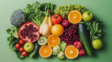Assorted fruits and vegetables arranged in an abstract flat lay on pastel green background. Colorful produce including oranges, berries, avocados, peppers, and greens. Healthy food concept.