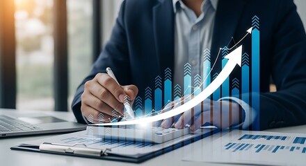 Business professional calculating and analyzing financial data with growth chart overlay