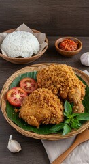 Crispy Ayam Kremes with Rice and Sambal Presentation