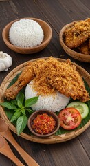 Crispy Ayam Kremes with Rice and Sambal Presentation