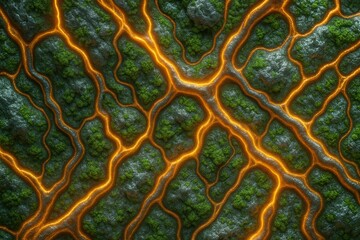 Abstract aerial view of glowing orange lava flowing through a dark, mossy rock landscape. This vibrant network of fiery veins creates a powerful natural pattern, representing energy, geology, or a fan