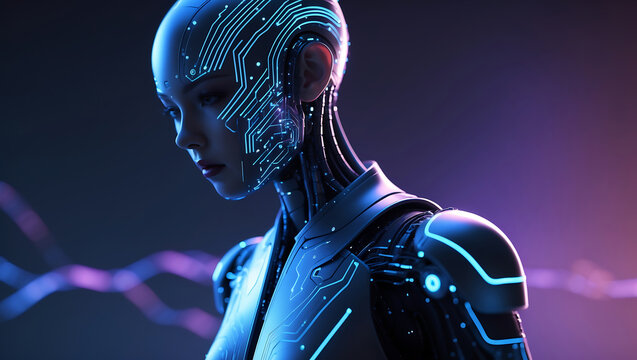 Futuristic portrait of a female cyborg with illuminated circuitry and cybernetic enhancements - Powered by Adobe