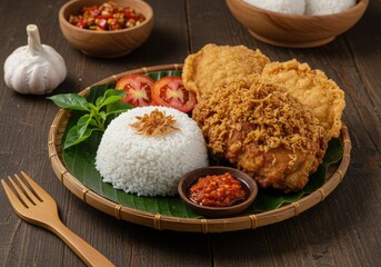 Crispy Ayam Kremes with Rice and Sambal Presentation
