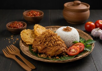 Crispy Ayam Kremes with Rice and Sambal Presentation
