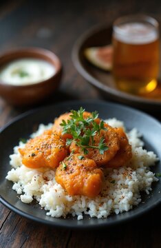 Patasca, traditional South American dish. Served on rice with plants. Food from Andes, Peru. Closeup of savory meal with beer glass. Homemade, tasty, vibrant colors, comfort food.