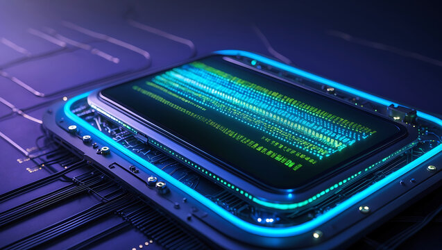 Futuristic technology concept depicting data processing and information transfer on a display