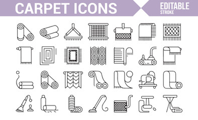 Vector icons for cleaning, home decor, and floor care tools related to carpets and rugs.

