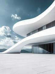 Modern white architectural building with artistic and abstract design, featuring a clean, minimalist background. The spacious ground and sky offer an ideal setting for an automotive advertisement bac