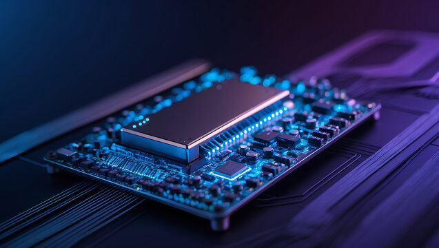 High-tech circuit board with glowing neon elements showcasing computer technology advancements - Powered by Adobe