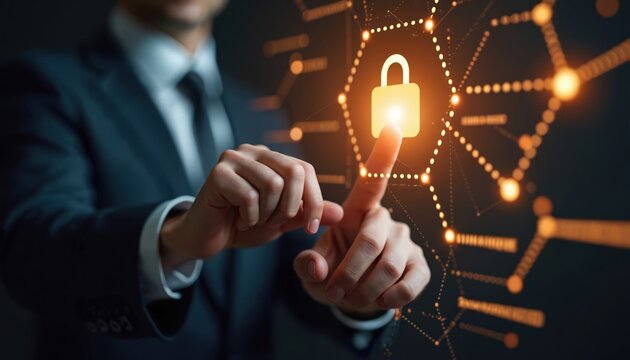 Businessman touching digital data protection padlock icon. Concept of cybersecurity data privacy. Business man uses modern tech digital interface network data access protection.