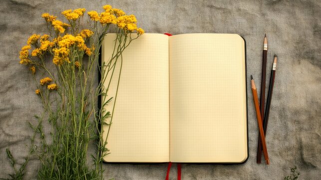 Open Notebook with Yellow Flowers and Pencils, Flatlay, Stationery, Nature, gridded notebook, botanical Stationery, Flatlay