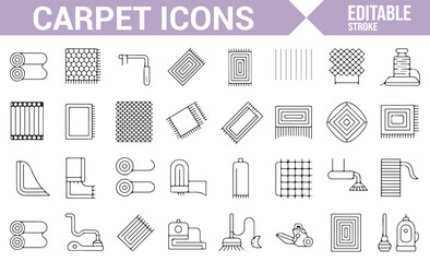 Clean and minimalistic carpet cleaning icons featuring vacuums, rolled carpets, and floor mats.