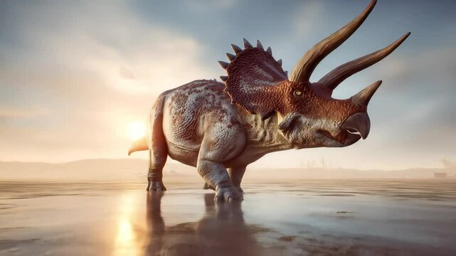 A triceratops stands in shallow water reflecting the sky The scene shows its textured skin horns and frill against a bright background A prehistoric animal walks