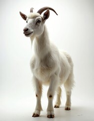 White goat standing on hind legs, detailed full body shot. Farm animal with fur and horns on white background. Domestic animal, cattle concept. Rural scene, farming.