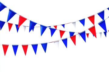 Fototapeta premium Red, white, and blue triangular pennant flags strung on multiple lines against a white background, often used for celebrations or events.