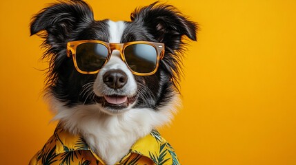 Dog in sunglasses on yellow background with copy space