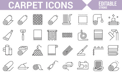 A collection of carpet-related icons, including cleaning tools and decorative rugs.
