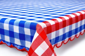 Fototapeta premium A close-up of a tablecloth with a classic red, white, and blue checkered pattern and scalloped edges.