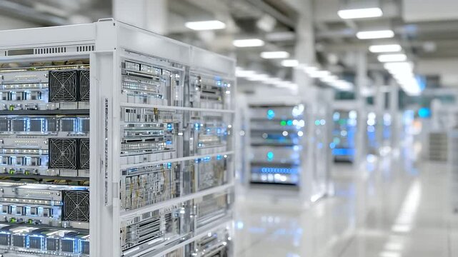 Air-cooled mining systems housed on gray racks in a modern, minimalist server room, white background emphasizing the structure and layout of GPU rigs