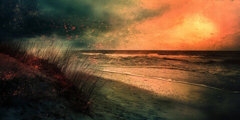 Vibrant Sunset Illuminates Turbulent Ocean Waves Along a Quiet Beach in the Early Evening Hours