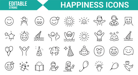 Collection of cheerful, positive emotion icons depicting happiness, joy, and excitement.
