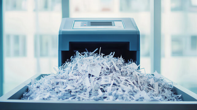 Paper shredder machine with overflowing shredded data documents. Shredder paper documents destruction . Granulator shredded machine, Paper recycling shred documents 