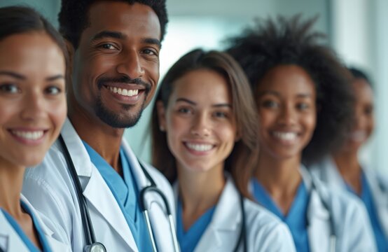 Diverse group of young medical professionals in hospital setting smiling at camera. Doctors nurses united team wearing white coats. Modern healthcare, medicine, wellness. Teamwork, diversity,