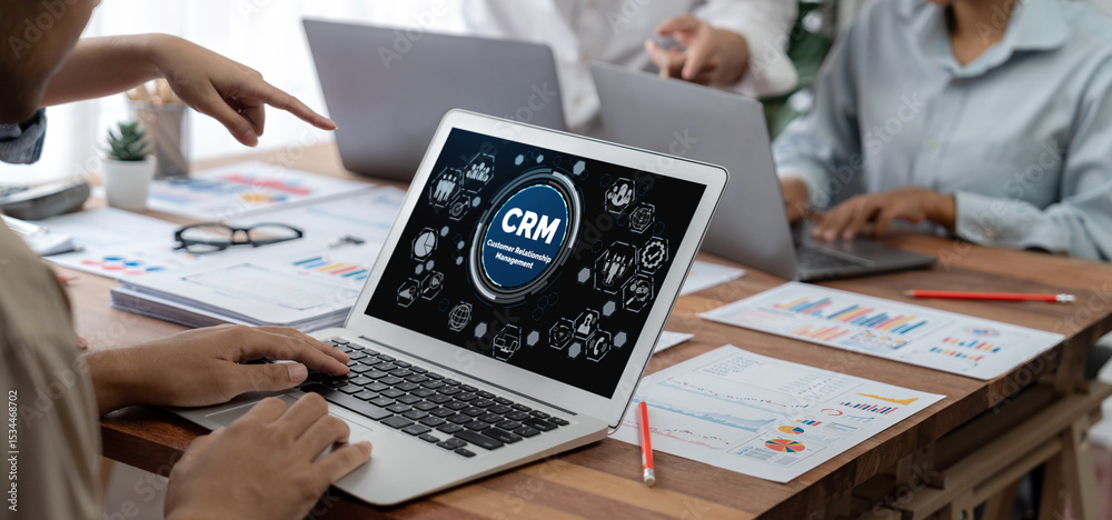 Poster Customer relationship management system on brisk computer for CRM business and enterprise