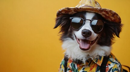 Dog in sunglasses on yellow background with copy space