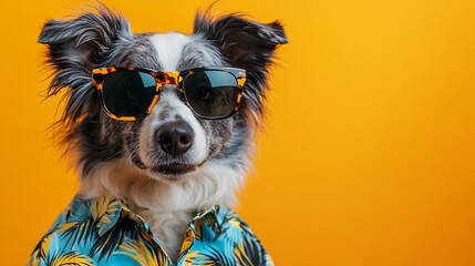 Dog in sunglasses on yellow background with copy space