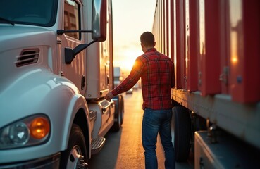 Fototapeta premium Truck driver opens semi-truck door before trip at sunset. Man in red shirt going inside lorry. Transportation and logistics industry worker. Cargo shipment, delivery, freight transport.
