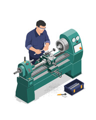 Naklejka premium Isometric Illustration of Lathe Operator Working with Metalworking Machine Tool