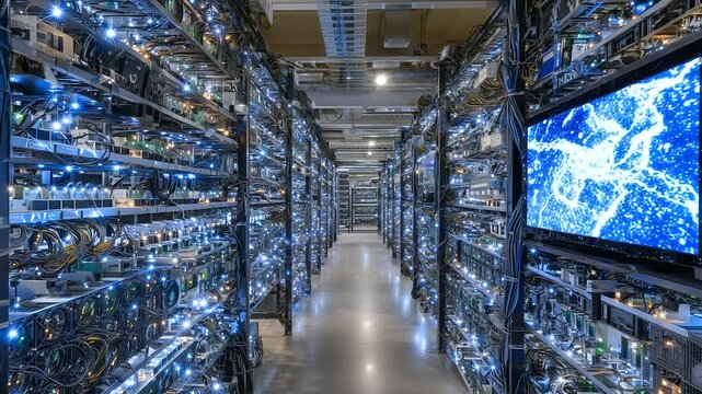 Bright, spotless server room with black shelving units filled with powerful video card miners, blockchain hash codes glowing on embedded displays