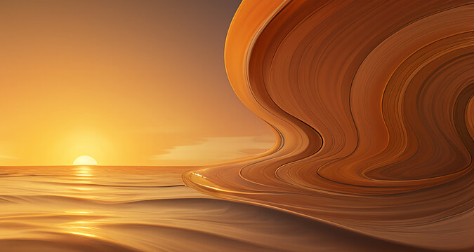 Abstract Ocean Sunset with Surreal Rock Formation in Golden Tones