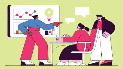 Business team brainstorming and analyzing data with charts and an idea lightbulb to achieve new goals and success in their projects