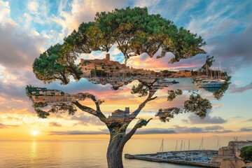 Coastal cityscape framed by a towering pine tree. Sunrise over a Mediterranean harbor