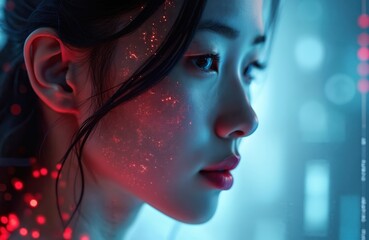 Asian woman face with glowing digital network data visualization overlay. Red digital matrix with code, futuristic AI technology, cyberspace, innovation, concept.