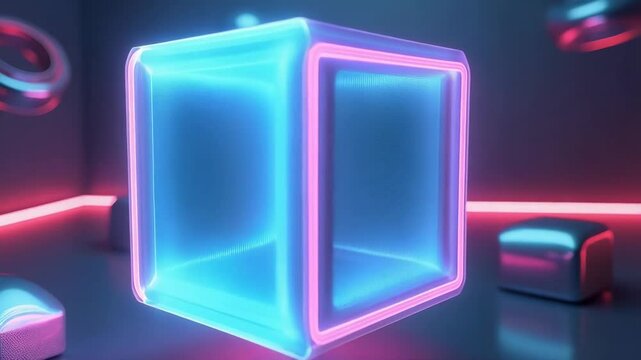A glowing blue cube framed with pink neon sits amidst dark, reflective surfaces and abstract, illuminated shapes. It evokes a futuristic, digital aesthetic - Powered by Adobe