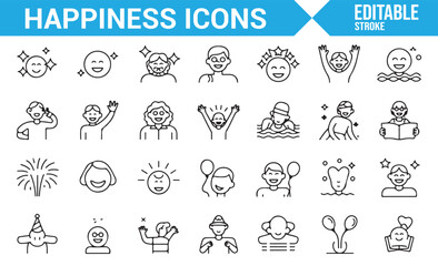Collection of festive icons representing joy, laughter, celebration, and positive emotions.