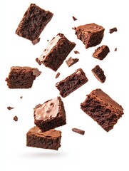 Pieces of chocolate brownies floating or falling in mid air, isolated on white background