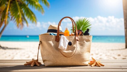 Una bolsa de playa llena de artículos esenciales para un día soleado perfecto.