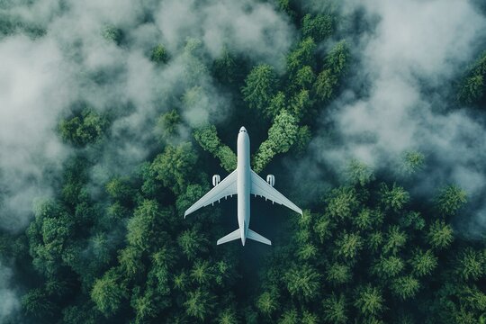Aerial view of an airplane flying above the forest, with clouds in the background forming the shape of an X on top. The concept symbolizes environmental protection and sustainable development